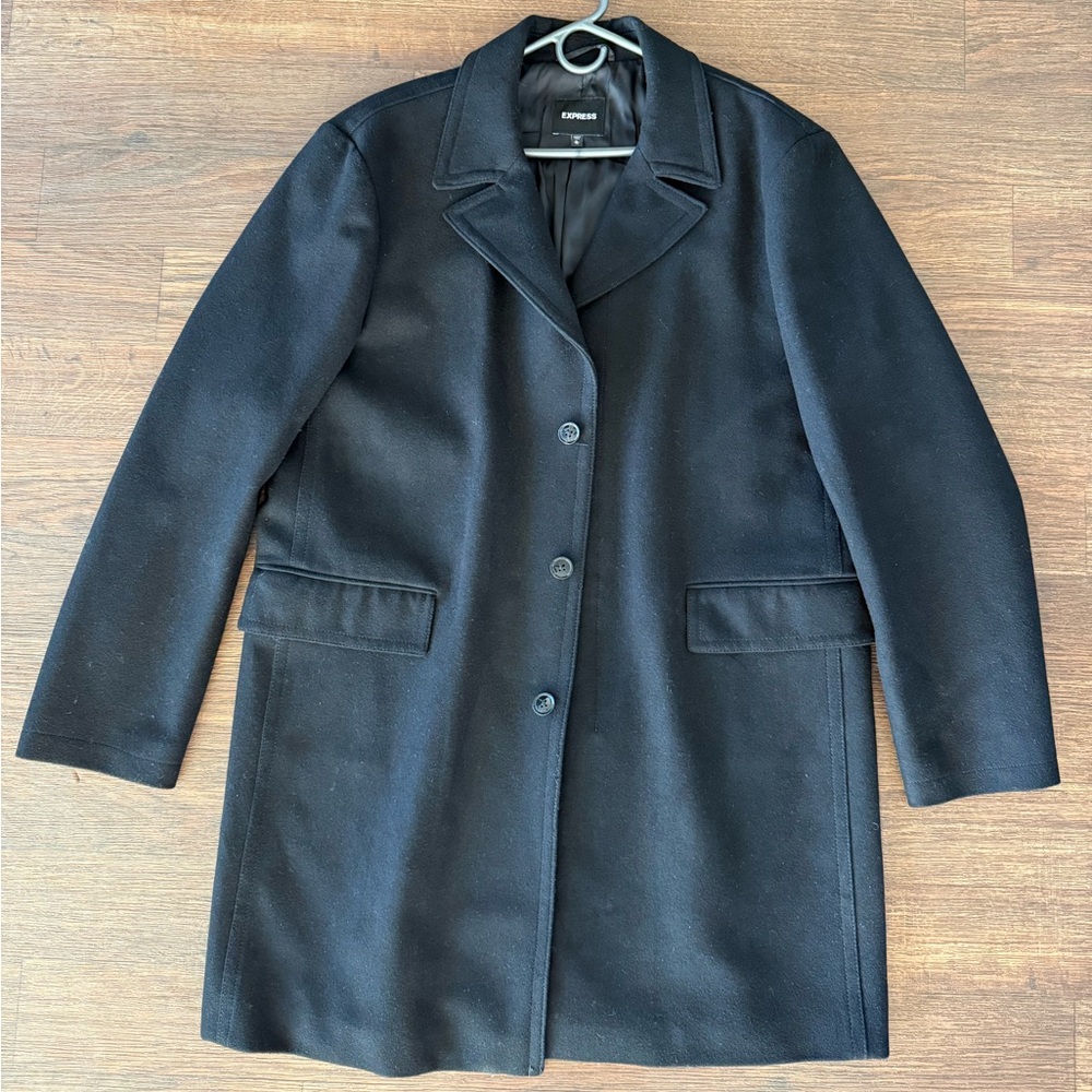 Express Men's XL Wool Cashmere Blend Black Overcoat - Pre-owned